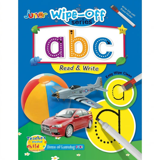 Junior Wipe-Off ABC Read & Write book with colorful letters, dry erase marker, car and airplane illustrations on packaging
