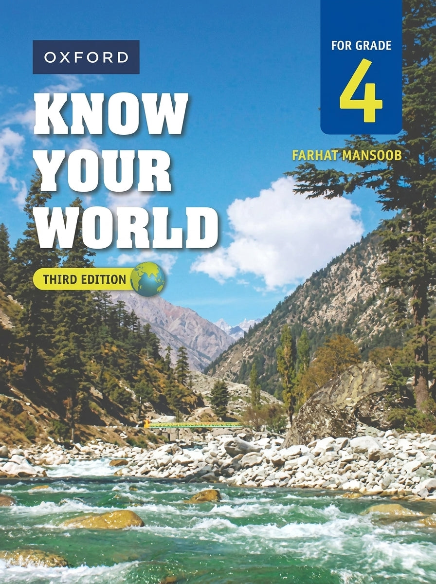 Oxford Know Your World Grade 4 Third Edition textbook cover featuring mountain valley with river and forest landscape photography
