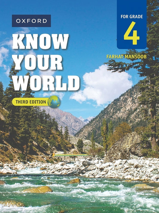 Oxford Know Your World Grade 4 Third Edition textbook cover featuring mountain valley with river and forest landscape photography