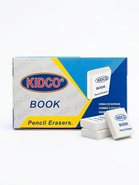 Kidco Book Pencil Erasers KB 736 - white rubber erasers with product box and three individual pieces displayed