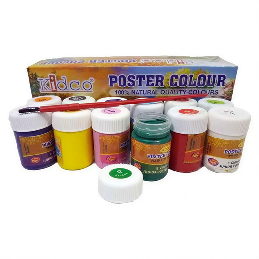 Kidco Poster Colour 8-color paint set with box, including purple, yellow, pink, green, red jars and red brush