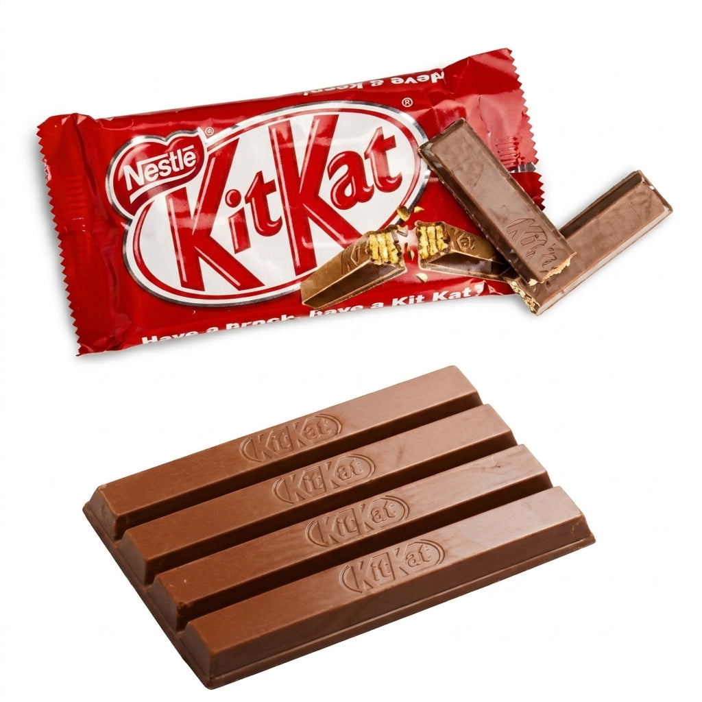 KitKat chocolate bar in red wrapper with two pieces broken apart showing wafer layers and milk chocolate coating