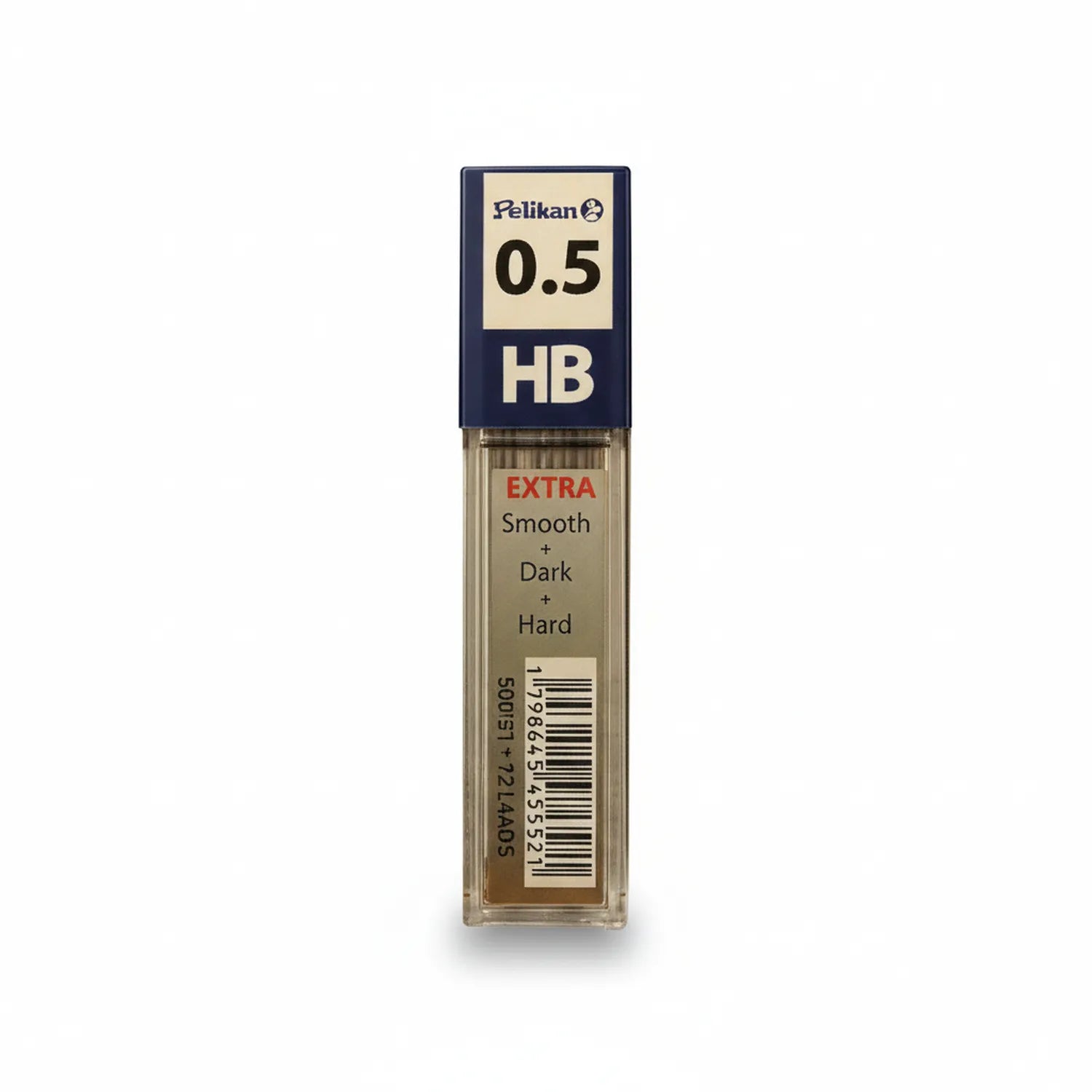 Pelikan 0.5mm HB mechanical pencil leads package showing dark graphite refills in transparent tube with navy blue cap and product labeling