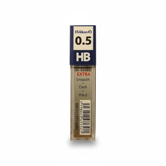 Pelikan 0.5mm HB mechanical pencil leads package showing dark graphite refills in transparent tube with navy blue cap and product labeling