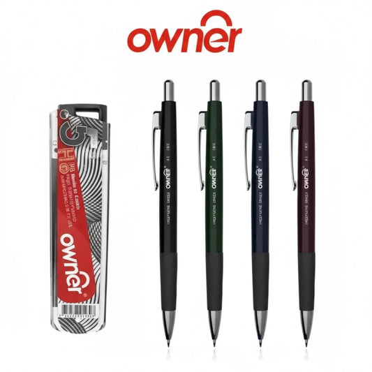 Owner Leads 0.7mm mechanical pencil 4-color set showing black, green, navy, and burgundy pens with metal tips and rubberized grips, plus red storage case.