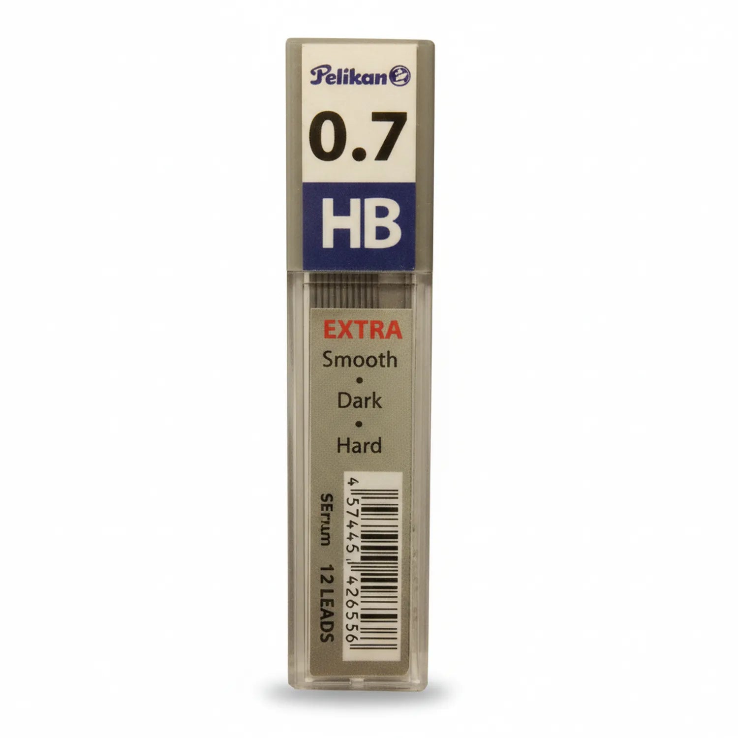 Pelikan 0.7 HB mechanical pencil leads package showing 12 pieces, extra smooth dark hard leads in beige and blue packaging with barcode