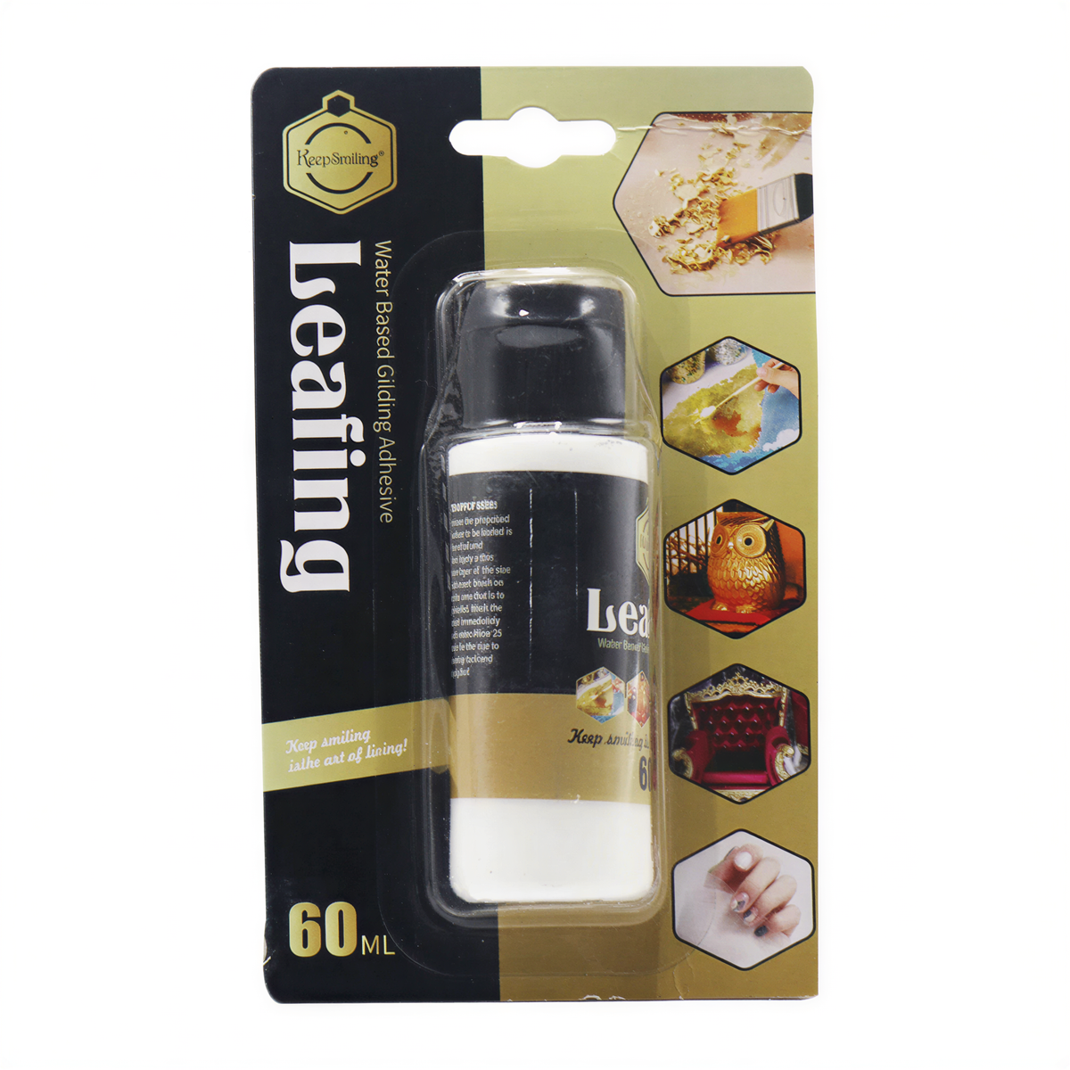Keep Smiling Leafing Glue 60ml water-based adhesive with brush applicator in black and white bottle packaging
