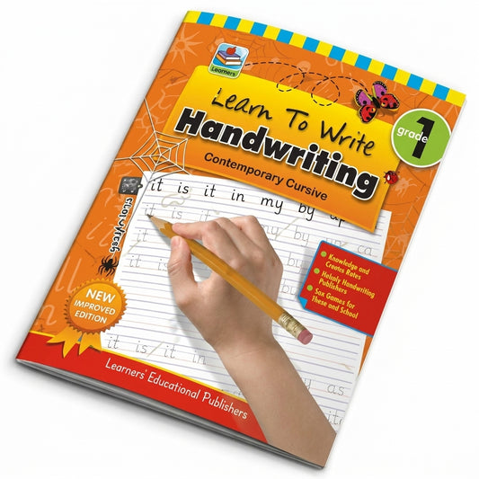 Learn to Write Handwriting Grade 1 workbook with orange cover, shown with child's hand holding pencil practicing cursive letters on practice page.