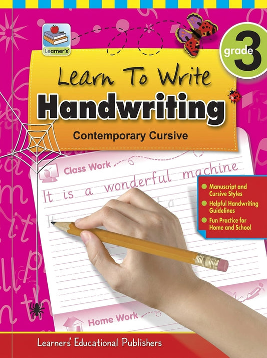 Learn To Write Handwriting Grade 3 book cover showing hand writing cursive text with pencil on lined paper practice page