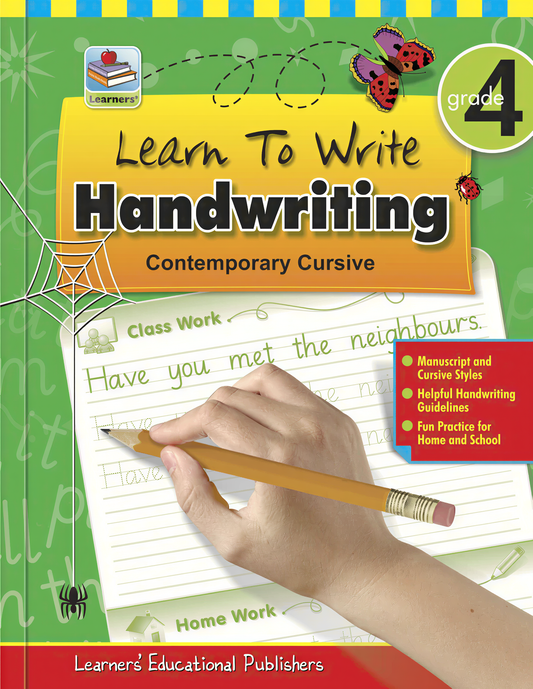 Learn To Write Handwriting Grade 4 Contemporary Cursive workbook with hand holding pencil writing practice exercises