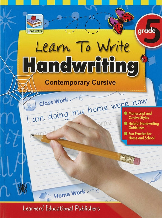Learn To Write Handwriting Grade 5 Contemporary Cursive workbook with blue cover, yellow banner, hand holding pencil writing on lined page