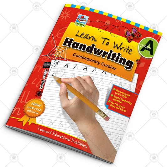 Learn To Write Handwriting Grade A workbook with red cover, yellow banner, child's hand holding pencil writing cursive letters on practice page