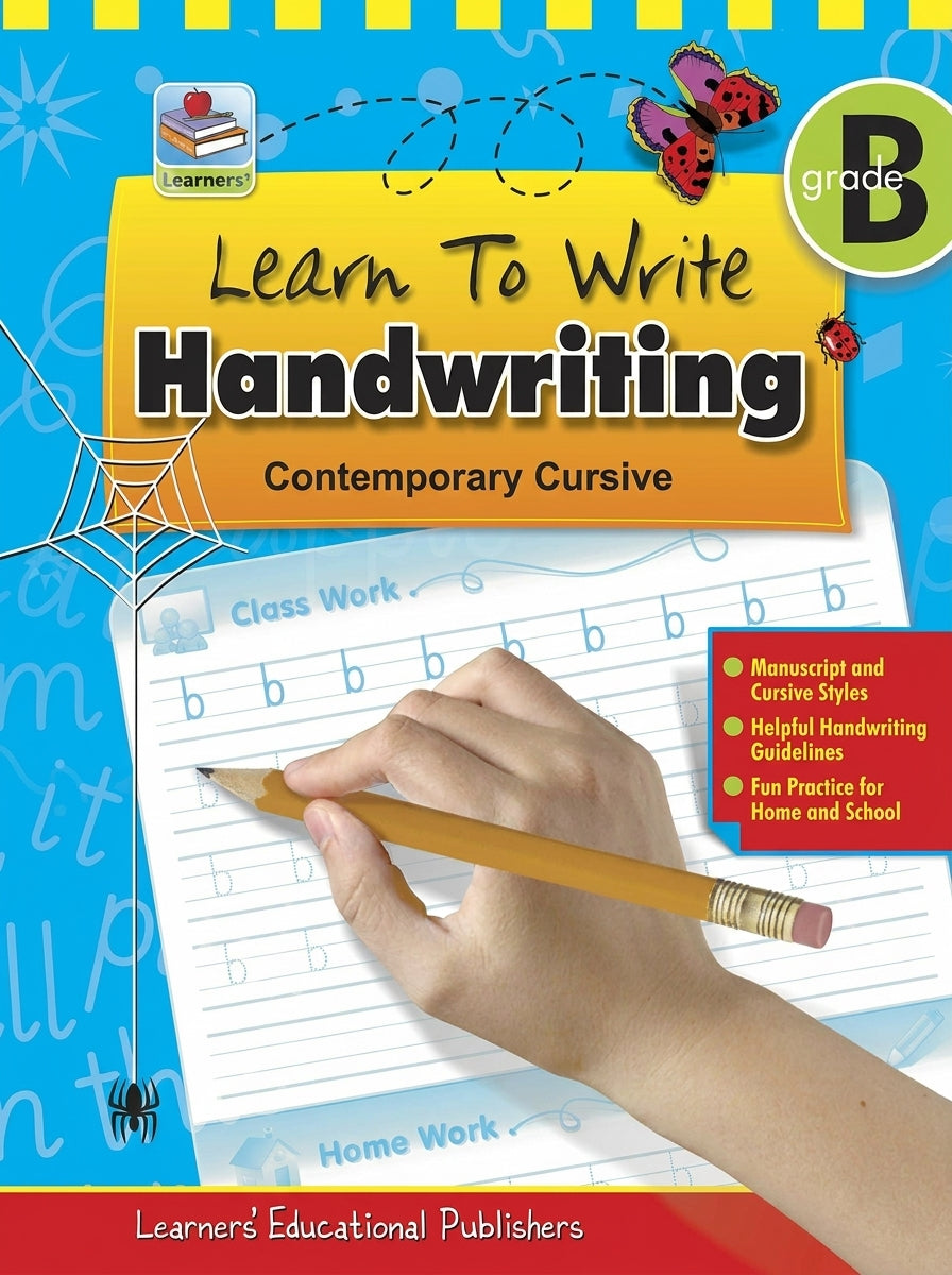 Learn To Write Handwriting Grade B Contemporary Cursive workbook with blue yellow cover and hand writing with pencil