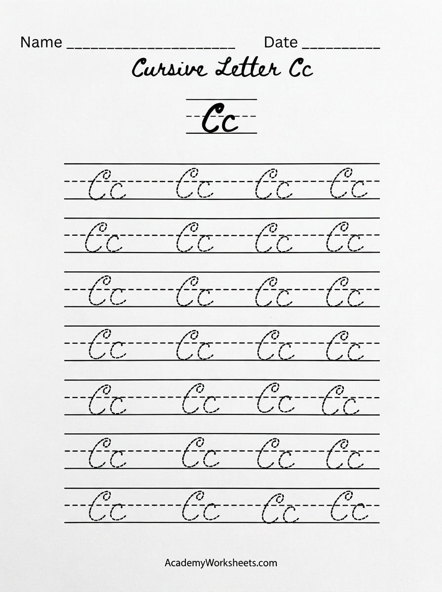Cursive Letter Cc handwriting practice worksheet with seven rows of guided practice lines featuring traced examples of uppercase and lowercase Cc