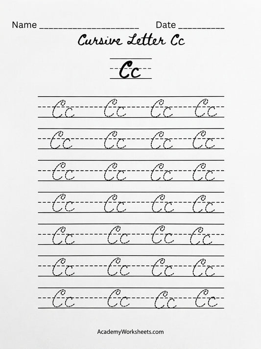 Cursive Letter Cc handwriting practice worksheet with seven rows of guided practice lines featuring traced examples of uppercase and lowercase Cc