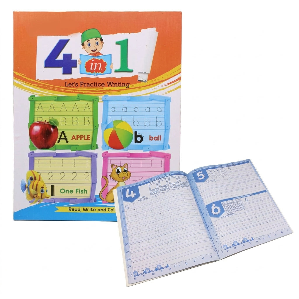 Learn Writing 4 in 1 workbook with color-coded pages (green, blue, purple, pink) showing letter tracing exercises and practice pages numbered 4-6