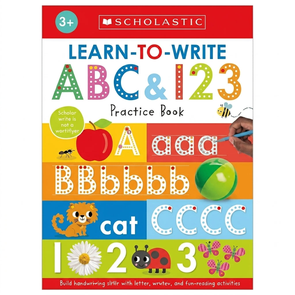 Scholastic Learn-to-Write ABC & 123 Practice Book cover with colorful dot-traced letters, numbers, and illustrations of apple, ant, cat, ladybug, flower, and daisy.