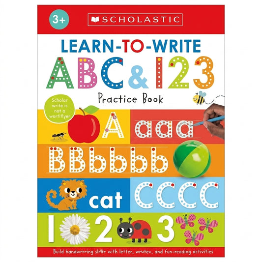 Scholastic Learn-to-Write ABC & 123 Practice Book cover with colorful dot-traced letters, numbers, and illustrations of apple, ant, cat, ladybug, flower, and daisy.