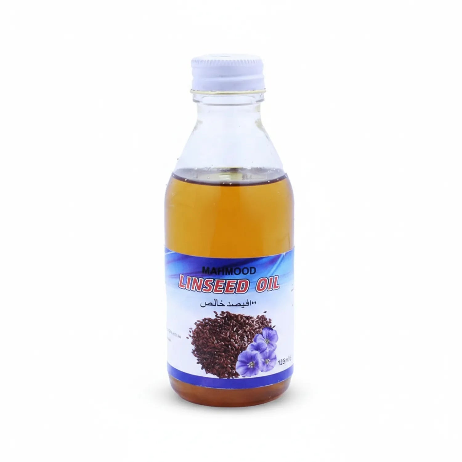 Mahmood Linseed Oil 125ml bottle with light blue cap, showing golden-yellow oil with flax seed and purple flower imagery on label