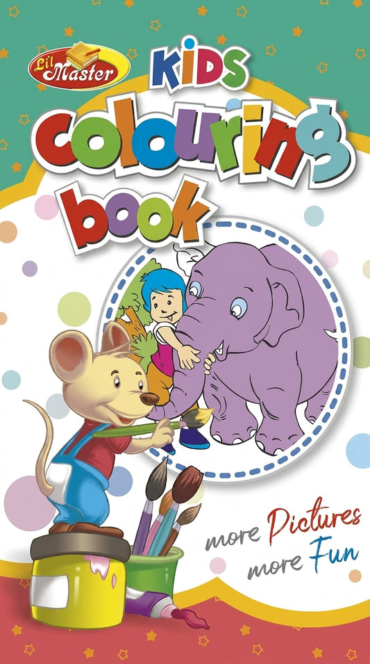 Lil Master Kids Colouring Book 8 cover featuring cartoon mouse artist and purple elephant with colorful stars on turquoise background
