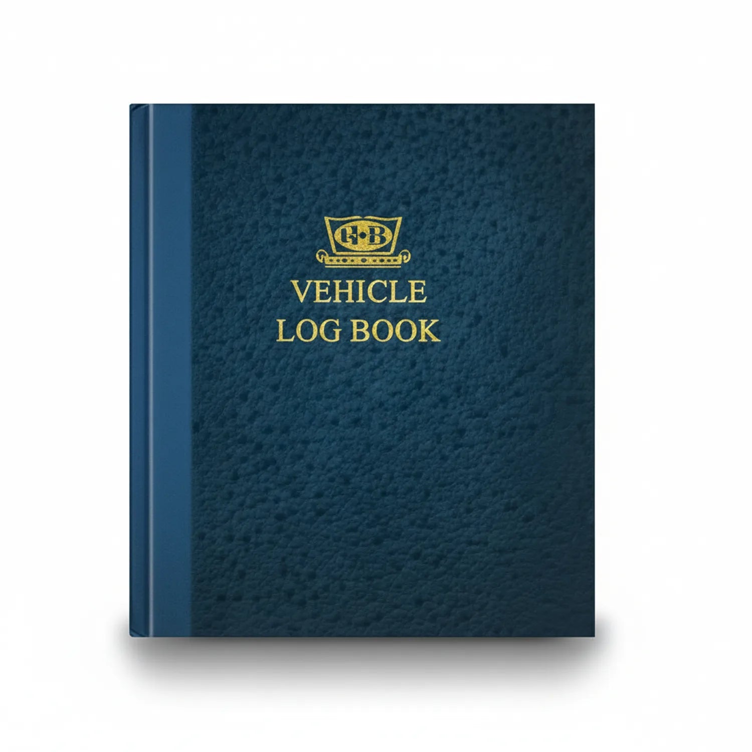 GB Vehicle Log Book hardcover with navy blue leather-effect cover and gold embossed title and crest logo, front view