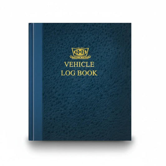 GB Vehicle Log Book hardcover with navy blue leather-effect cover and gold embossed title and crest logo, front view