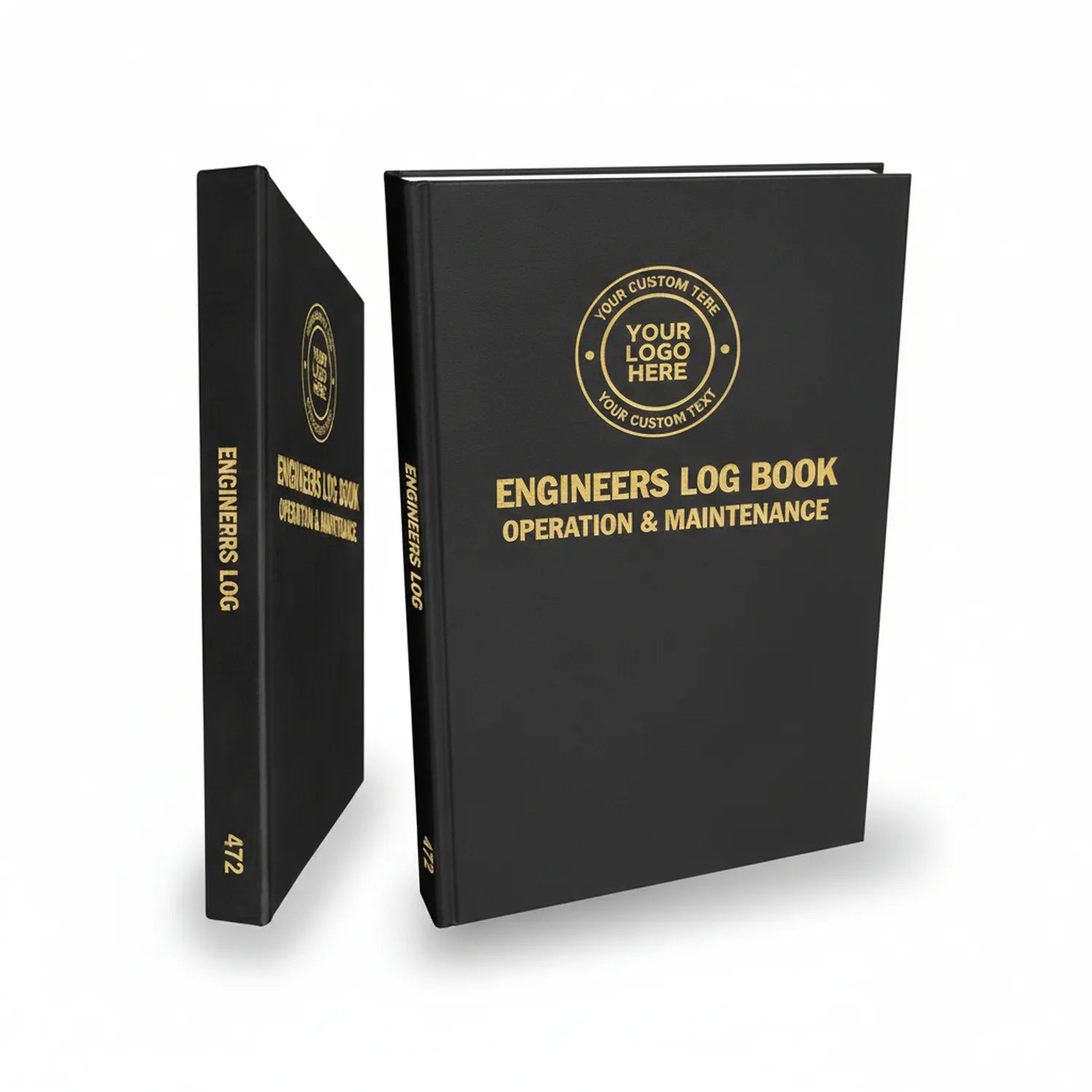 Black hardbound Engineers Log Book Operation & Maintenance with gold foil custom logo seal, shown in front and spine view