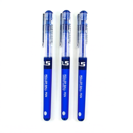 Three M&G Ace blue gel pens with 0.5mm tip, transparent barrels, and blue grip sections displayed vertically