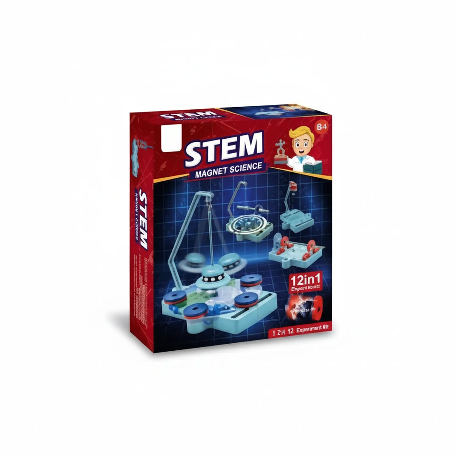 STEM Magnet Science 12-in-1 experiment kit box showing magnetic base station, experiment accessories, and various demonstration components for educational learning.