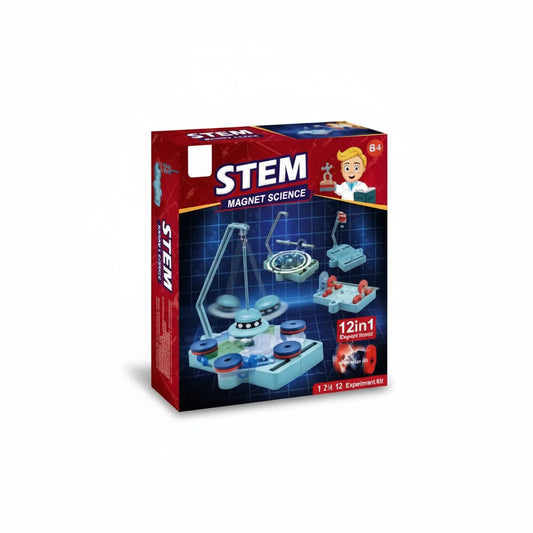 STEM Magnet Science 12-in-1 experiment kit box showing magnetic base station, experiment accessories, and various demonstration components for educational learning.