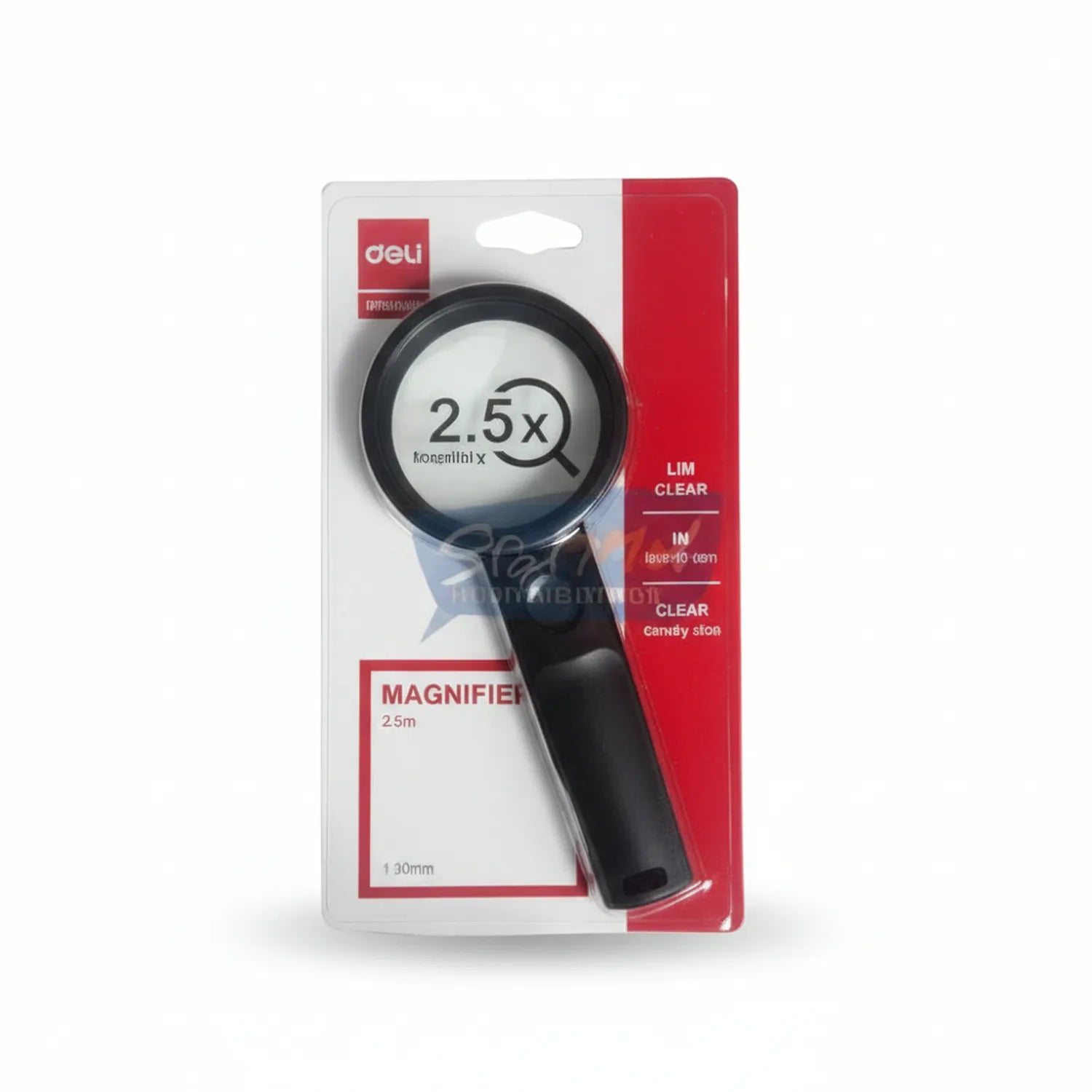 Deli 9091 Magnifying Glass with 2.5x magnification, black handle, 30mm clear lens in retail packaging
