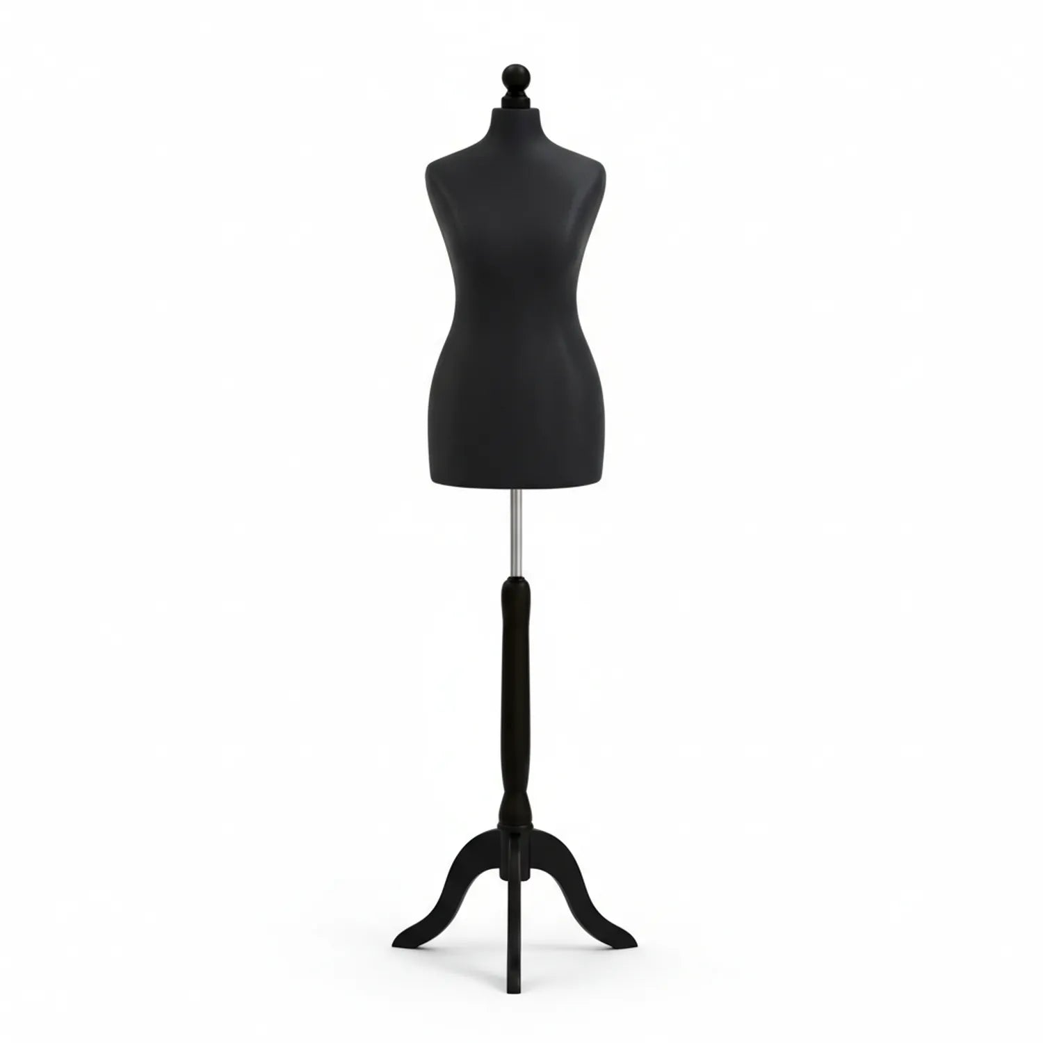 12 inch black dress form mannequin with realistic female torso, mounted on adjustable metal rod and tripod stand against white background