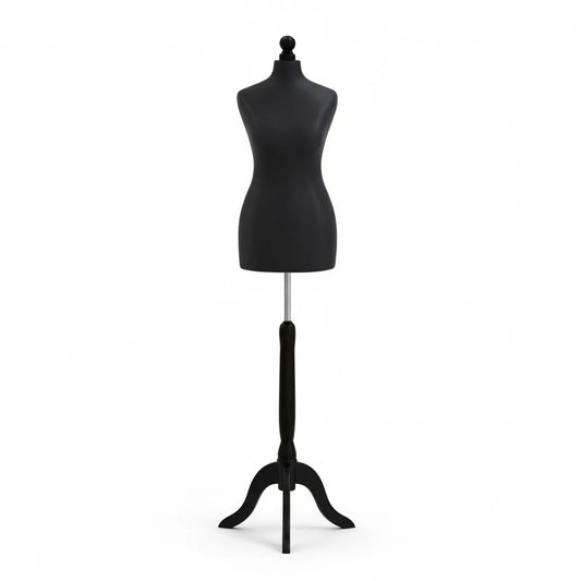 12 inch black dress form mannequin with realistic female torso, mounted on adjustable metal rod and tripod stand against white background