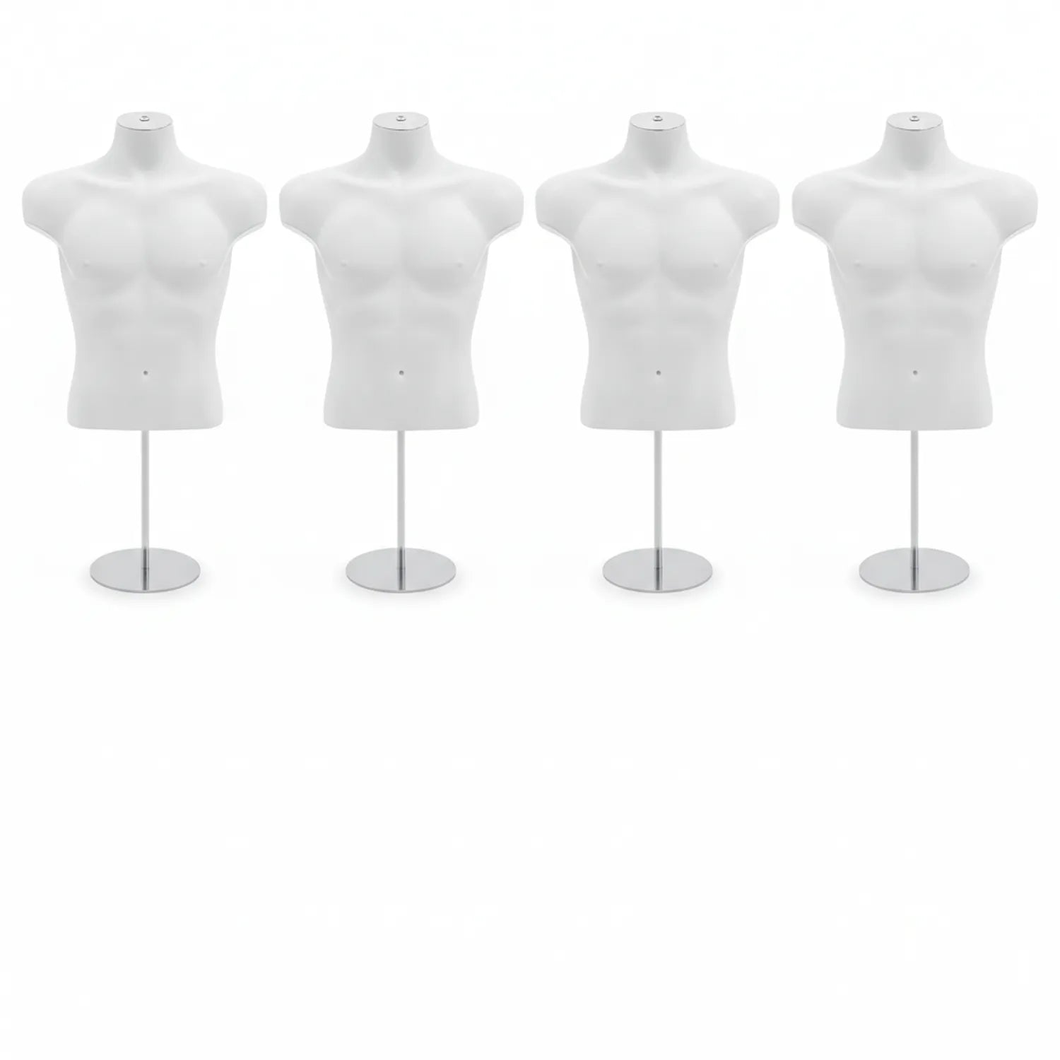 Four white 8-inch male torso mannequins displayed in a row, each mounted on a round metal stand with base