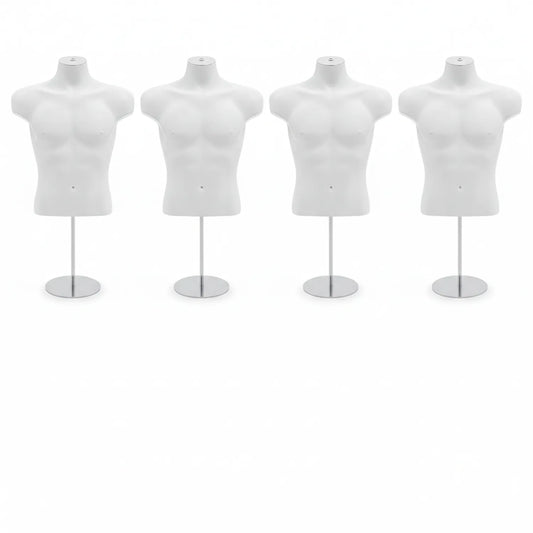 Four white 8-inch male torso mannequins displayed in a row, each mounted on a round metal stand with base