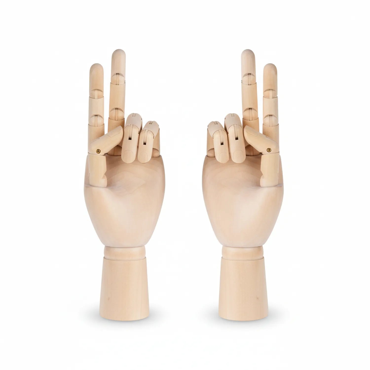 Wooden articulated left hand mannequin model with fully poseable fingers and wrist joint, featuring brass fasteners and cylindrical wooden base.