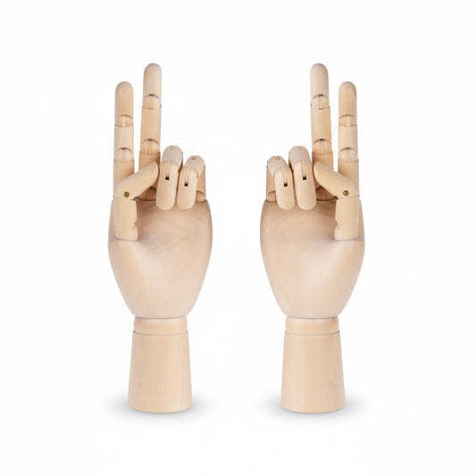 Wooden articulated left hand mannequin model with fully poseable fingers and wrist joint, featuring brass fasteners and cylindrical wooden base.