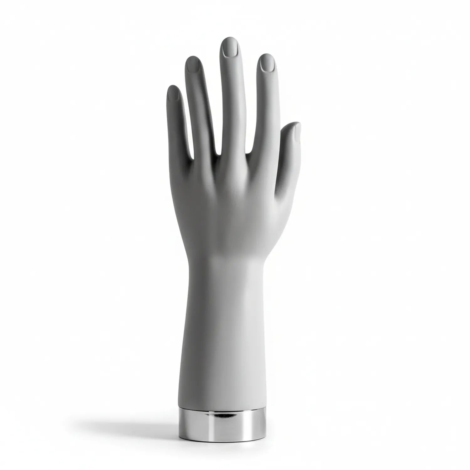 Maniquin Hand S small articulated hand model in white with poseable fingers and chrome metal base on white background