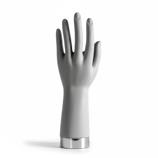 Maniquin Hand S small articulated hand model in white with poseable fingers and chrome metal base on white background