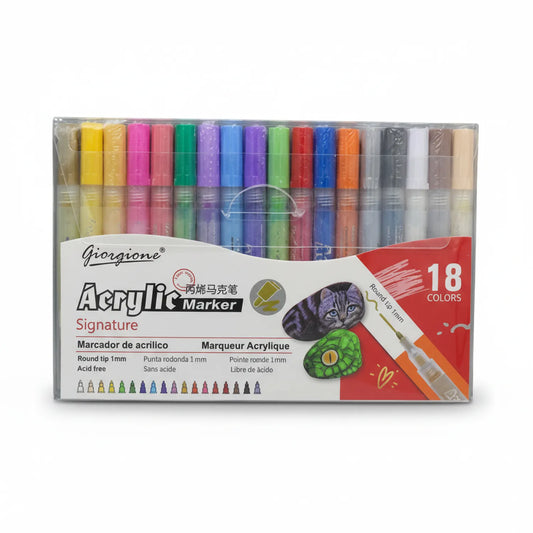 Giorgione Signature Acrylic Marker Set with 18 colors in clear plastic case, showing rainbow of markers with round 1mm tips and packaging illustration