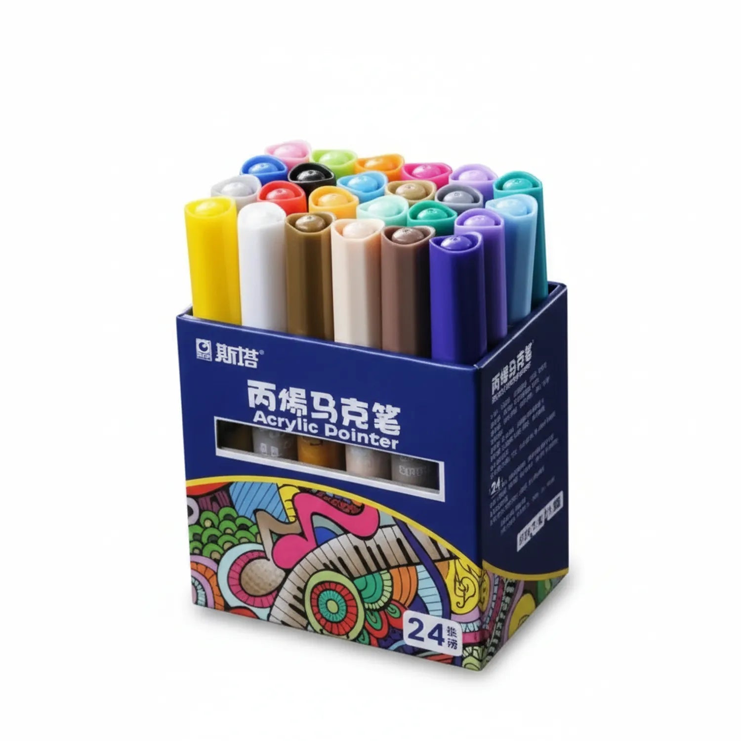 Acrylic Pointer 24-color marker set in blue box with colorful markers displayed upright showing vibrant color range and dual-tip design
