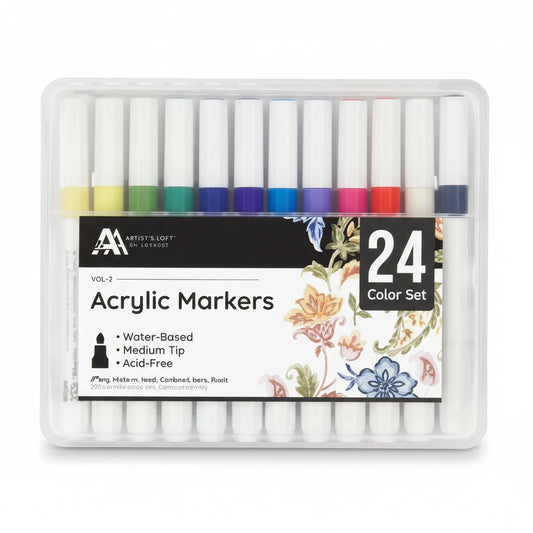 Artist's Loft Acrylic Markers 24 Color Set in clear plastic case with white, yellow, green, teal, blue, purple, pink, red, and navy markers displayed