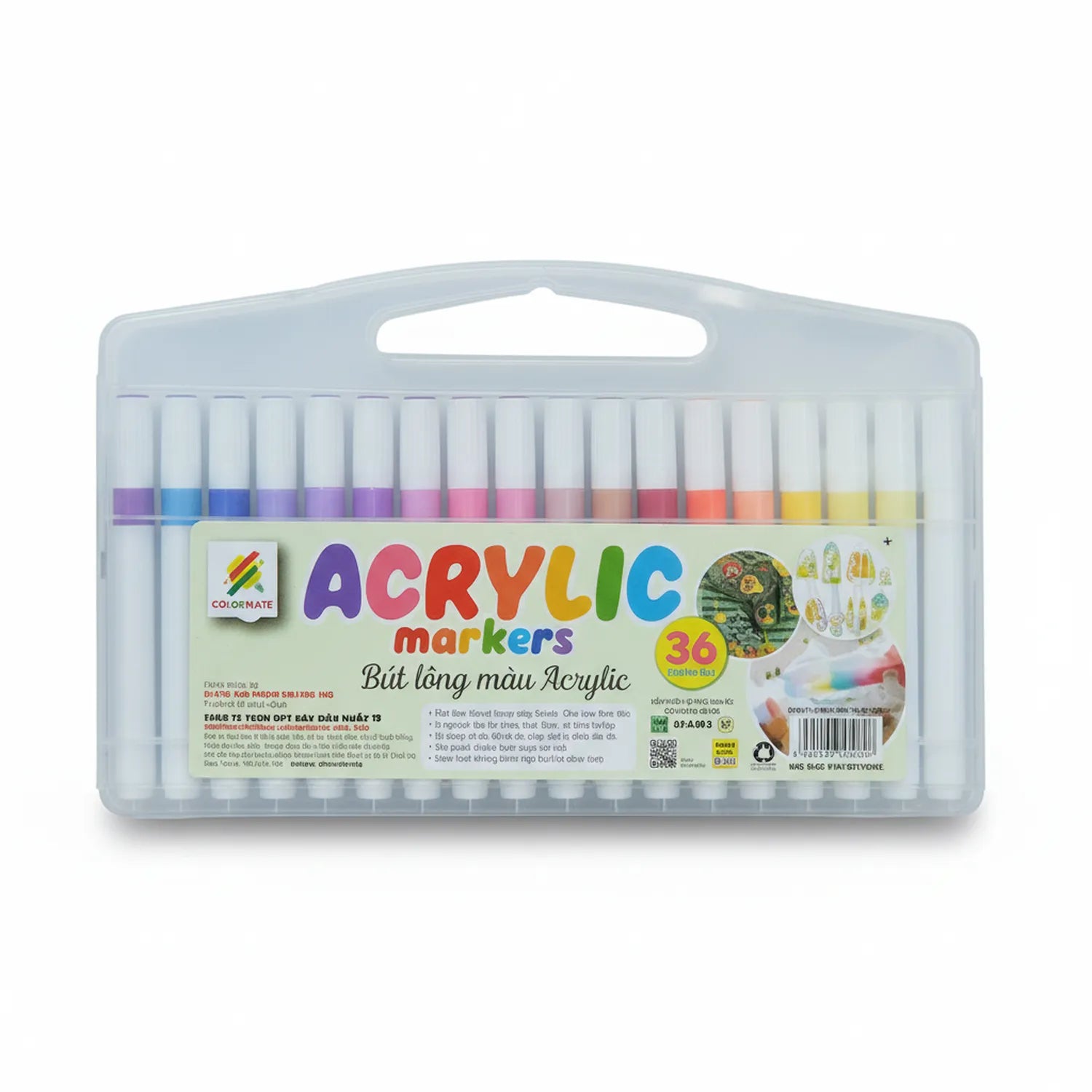 Colormate Acrylic Markers 36-Color Set in clear carrying case showing organized rows of colored markers with white barrels and vibrant color bands