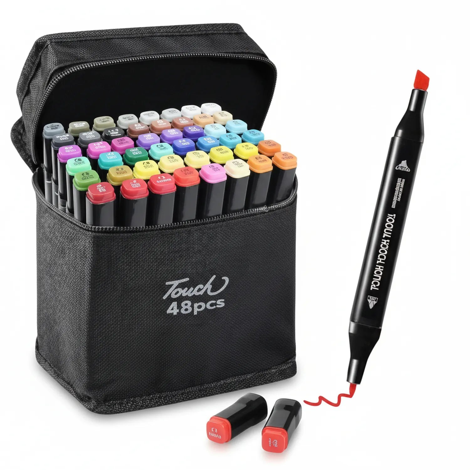 Touch 48-piece alcohol marker set with double-headed markers in assorted colors, carrying case, and red marker with cap displayed separately