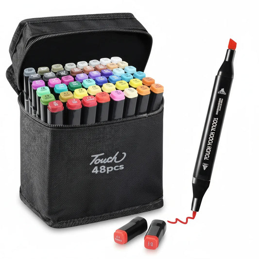 Touch 48-piece alcohol marker set with double-headed markers in assorted colors, carrying case, and red marker with cap displayed separately