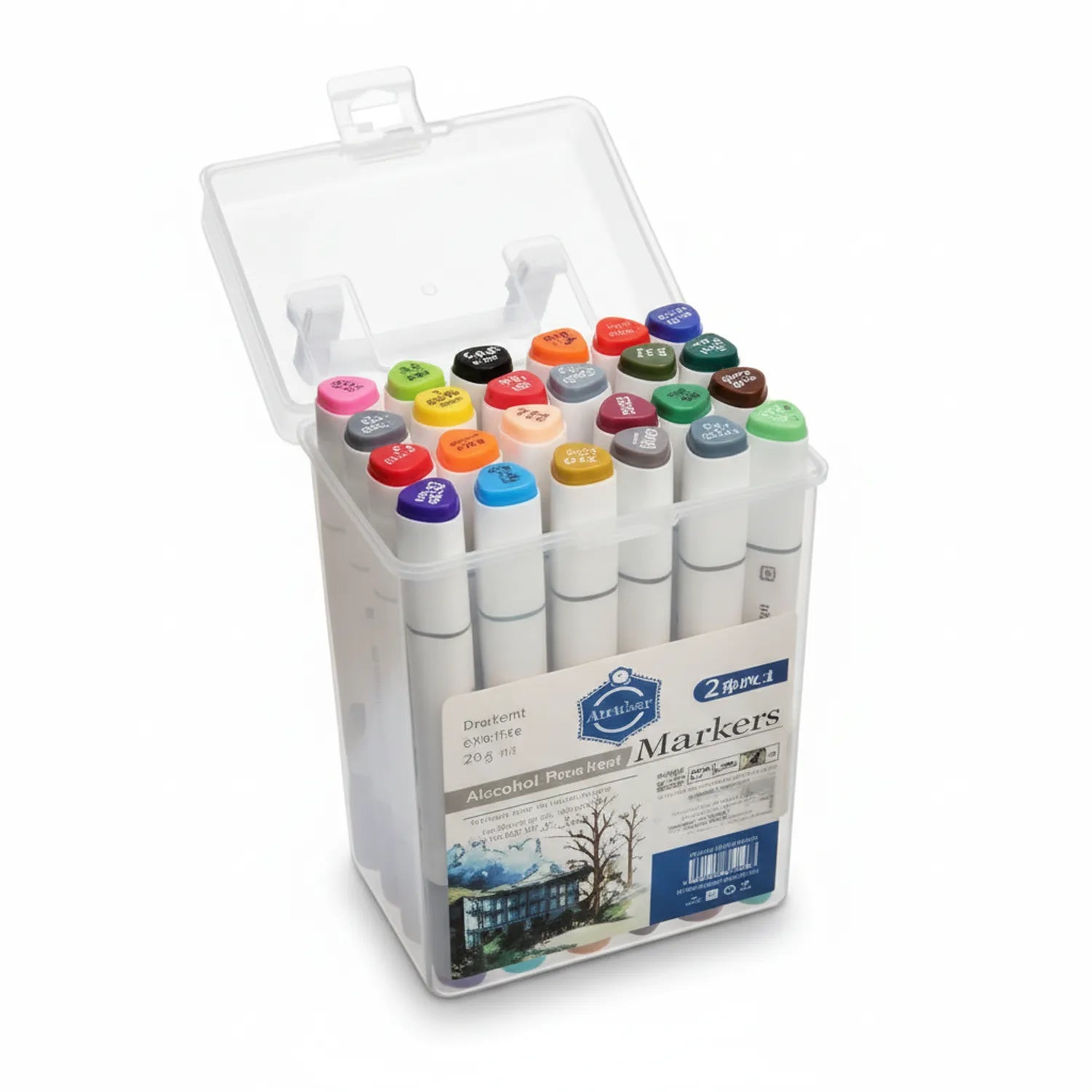 Articher 24 Color Alcohol Marker set with dual-tip markers in clear plastic carrying case showing assorted vibrant colors and organized compartments
