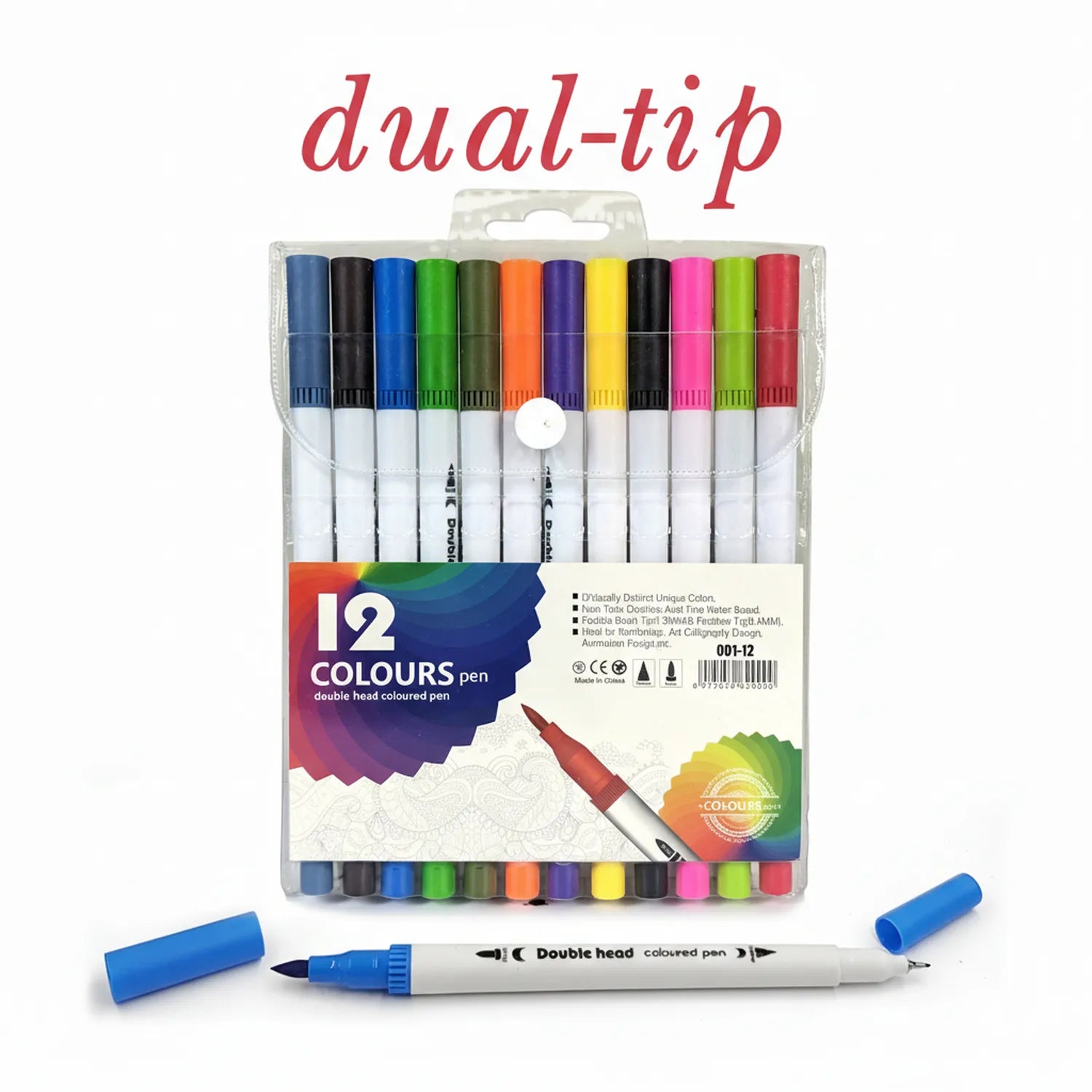 12-color dual tip marker brush pen set with case, showing navy, black, blue, green, orange, purple, yellow, pink, and red markers with caps removed