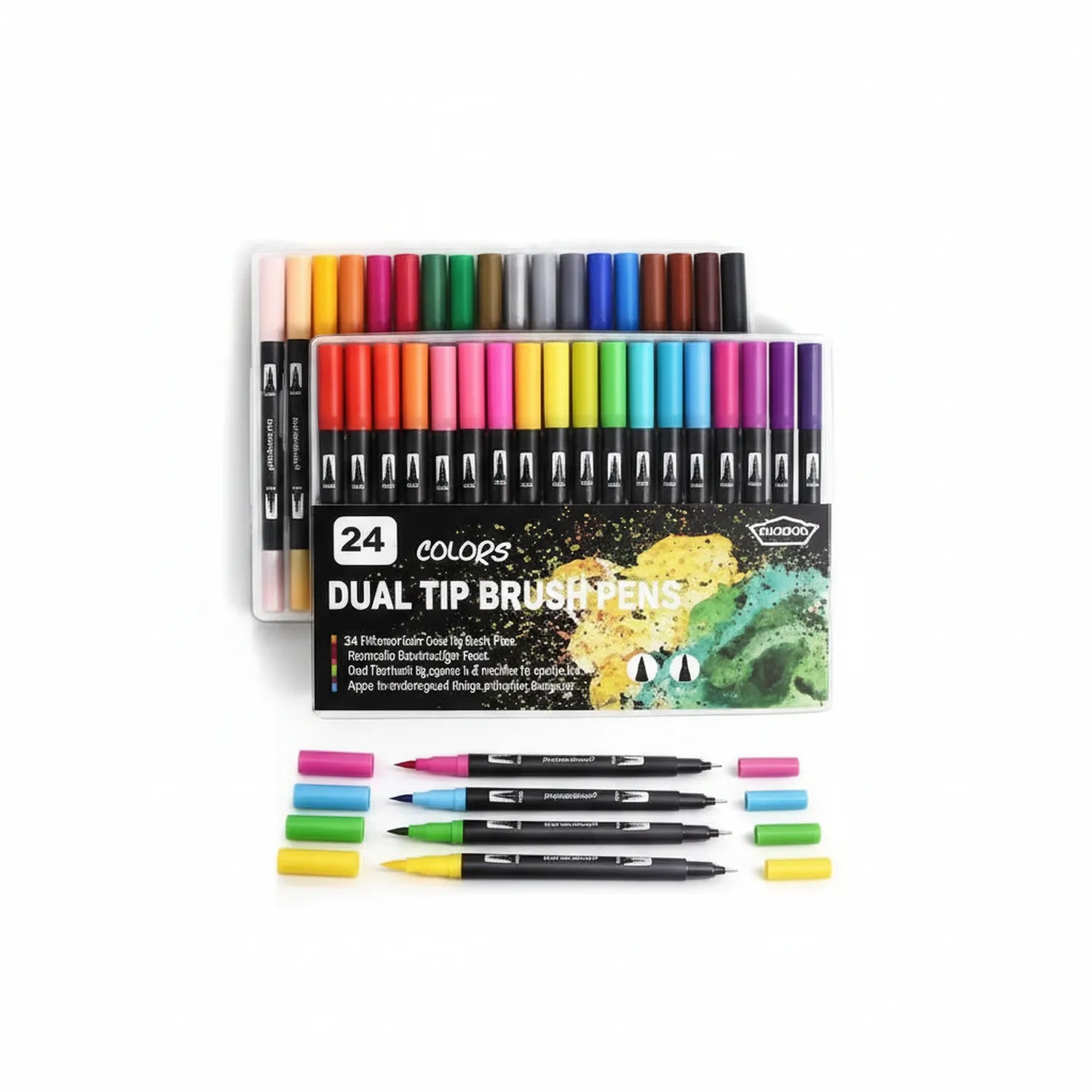 24-color dual tip brush marker set with individual markers displayed showing pink, blue, green, and yellow tips, organized storage case with color swatches visible