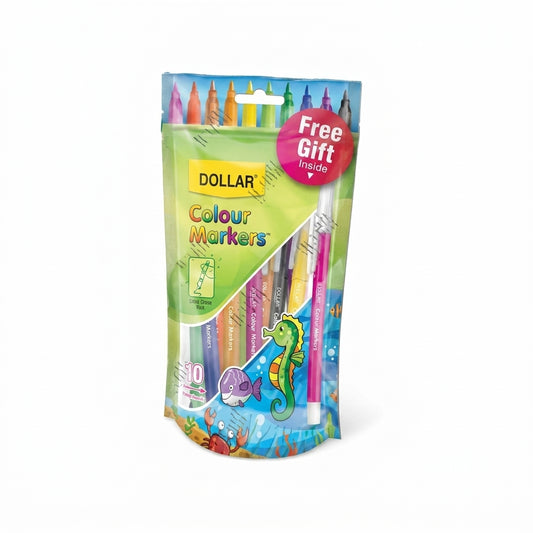 Dollar Colour Markers 10-piece set with vibrant colors in resealable packaging, includes free gift with seahorse and fish graphics