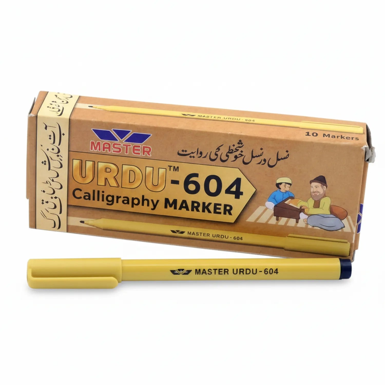Master Urdu-604 Calligraphy Marker 10-pack box with black ink pen and yellow chisel-tip marker displayed